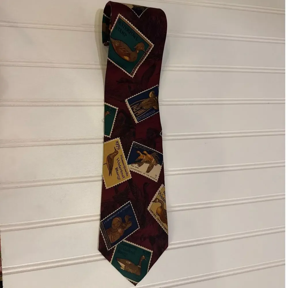 Harken Ltd Men's 60” Silk Tie Red Waterfowl Stamps Ducks Hand Sewn in USA Silk